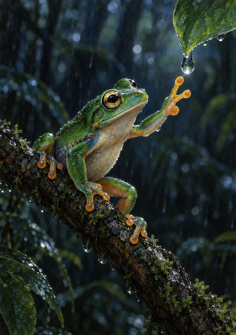 Green tree frog on a mossy diagonal branch reaching toward a droplet beneath a leaf in a dark forest.
