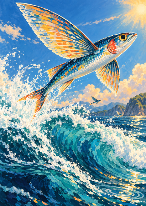 A brightly patterned orange-and-blue flying fish glides above a foaming turquoise wave, with sunlit spray and distant headlands.