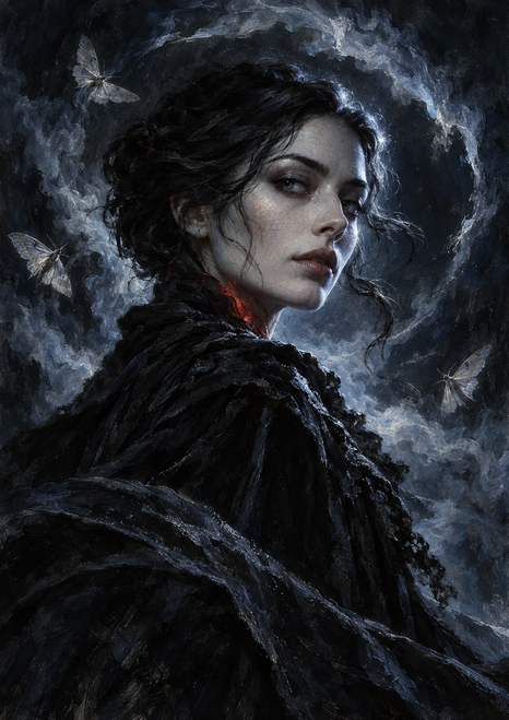 A pale-faced woman in a dark mantle framed by swirling smoke and three pale moths, with a red accent at her throat.