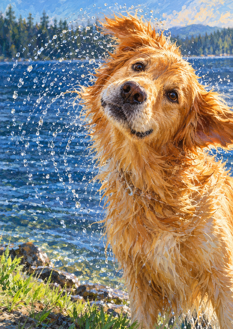 Wet golden retriever-type dog shaking water beside a lake, with droplets spraying across the scene.