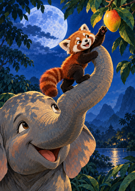 Red panda cub reaching toward a hanging mango while riding an elephant's raised trunk beneath a large moon.