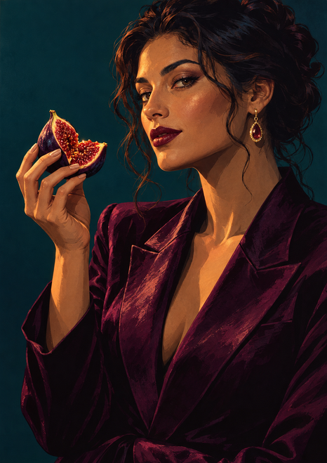 Illustration of an adult woman in a deep-plum jacket holding a split red-seeded fig against a dark teal background.