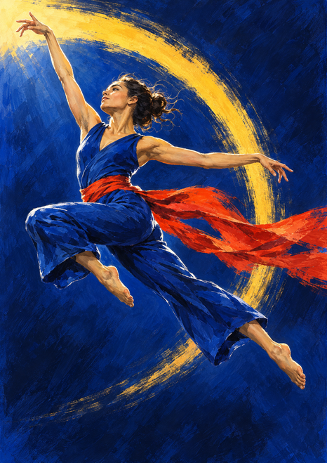 Adult woman dancer in a cobalt-blue outfit and flowing vermilion sash leaping across an indigo background with a broad yellow arc.