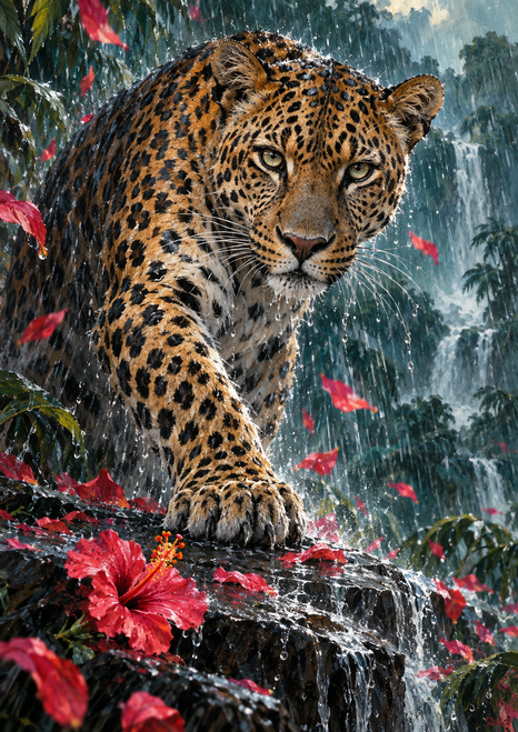 Frontal leopard stepping through heavy rain, its forepaw planted on a wet ledge among red tropical flowers and petals.