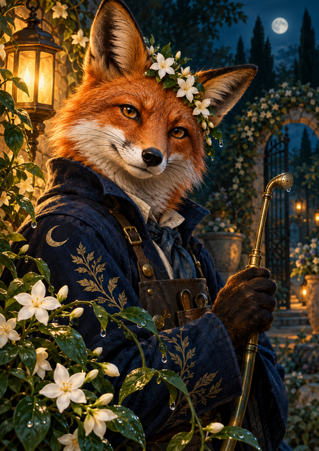 Anthropomorphic red fox in an embroidered indigo coat and white flower crown, holding a brass watering wand in a moonlit garden.