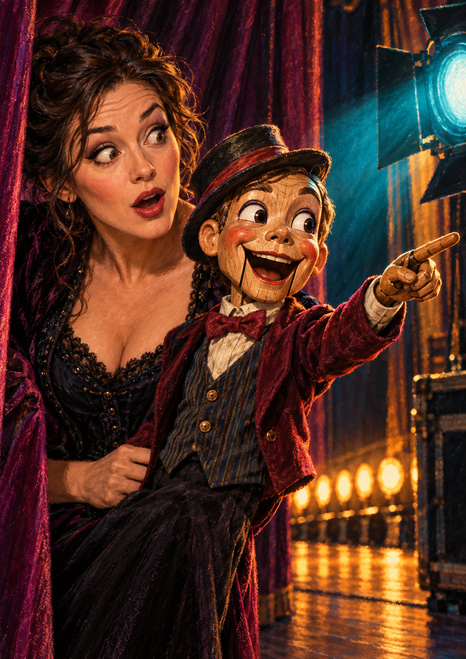 A surprised woman in theatrical costume stands beside a grinning wooden puppet pointing toward a bright stage lamp.