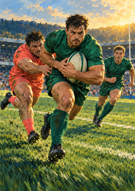 Green rugby ball carrier runs toward the viewer with an oval ball as a coral-clad defender reaches behind and a teammate supports at right.