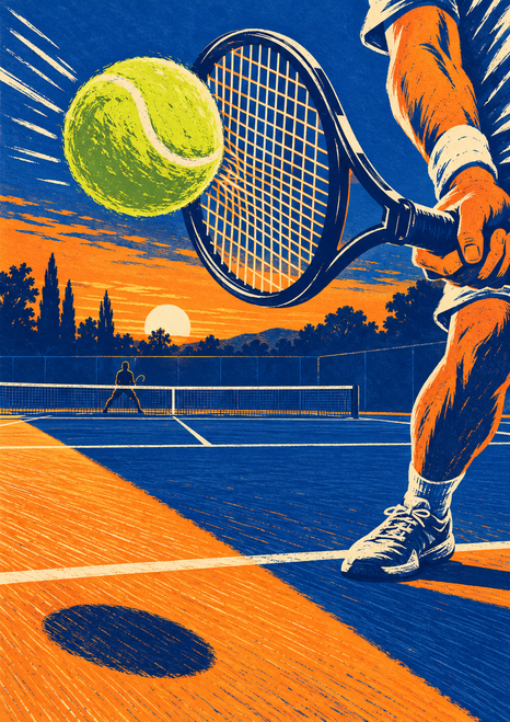 A tennis player swings a racket near a large chartreuse ball on a blue-and-orange court, with a distant player and sunset skyline.