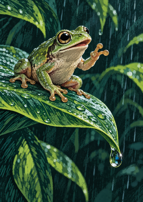 Green frog with large round eyes perched on a glossy diagonal leaf, with a bright droplet hanging from its tip.