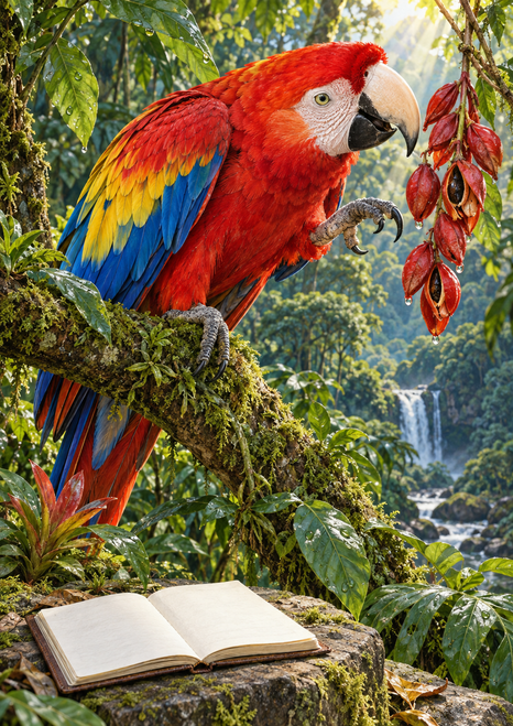 Colorful scarlet macaw leaning toward red hanging pods on a mossy branch, with rainforest foliage, waterfall, and open notebook below.