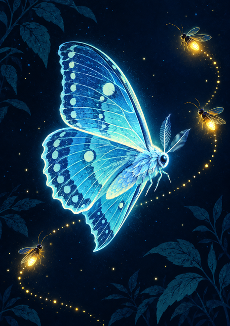 A large luminous blue moth with patterned open wings and three small glowing fireflies tracing dotted trails among dark leaves.