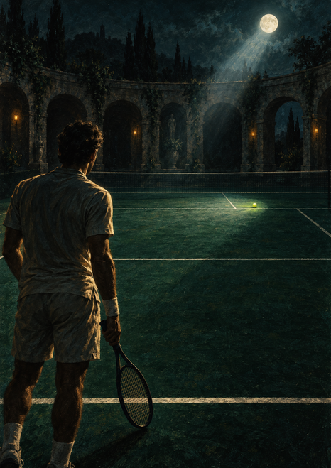 Rear-view tennis player with a lowered racket watches a bright ball on a moonlit court framed by stone arches.