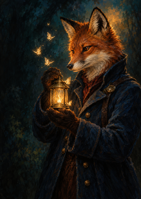 Mid-torso red fox in a dark blue coat looking toward a glowing brass lantern, with small luminous insects against a dark forest-like background.