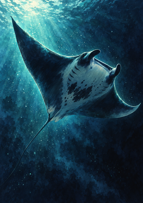 Manta ray glides through dark water beneath a bright turquoise surface glow, with luminous fin edges and a thin trailing tail.