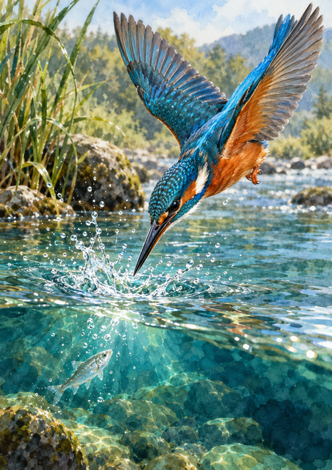 Blue-and-rust kingfisher diving toward a small fish beneath a teal river surface, with a bright splash and reeds.