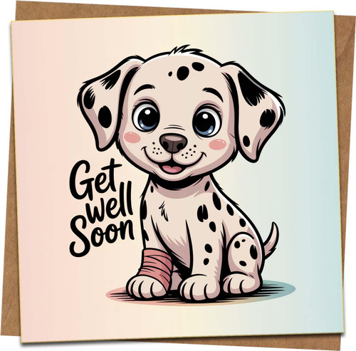 Get Well Soon Card - Cute Dalmatian Puppy Illustration, 145mm x 145mm Square Greeting Card with Kraft Envelope - For Kids, Adults, Friends, Men, Women - Blank Inside