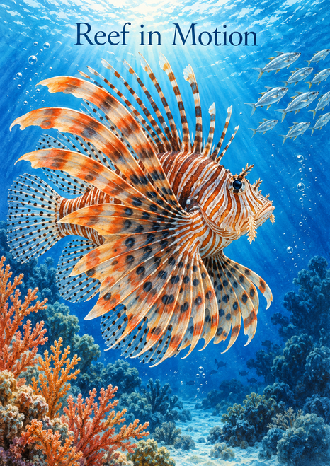 Striped lionfish with broad orange-and-cream fins swims through blue water near coral and a school of fish; “Reef in Motion” appears above.