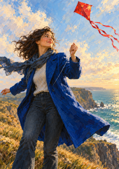 Woman in a cobalt coat flying a red kite with trailing ribbons above a grassy coastal bluff and sea.