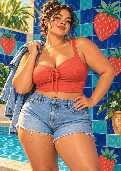 Confident woman in a coral top and denim shorts poses with a denim jacket before a strawberry-decorated poolside wall.