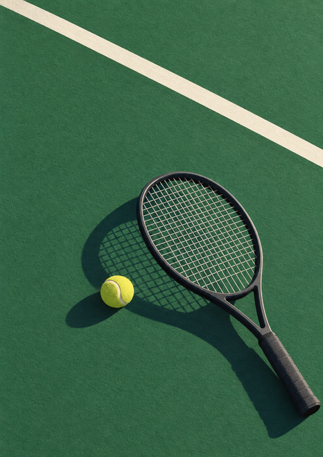 Yellow tennis ball beside the string bed of a dark racket on a green court, with a diagonal white line and long shadows.