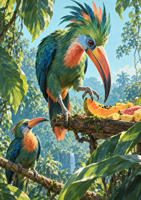 Two colorful long-beaked birds among glossy foliage, with the larger crested bird beside fruit on a feeding branch and a smaller bird below.