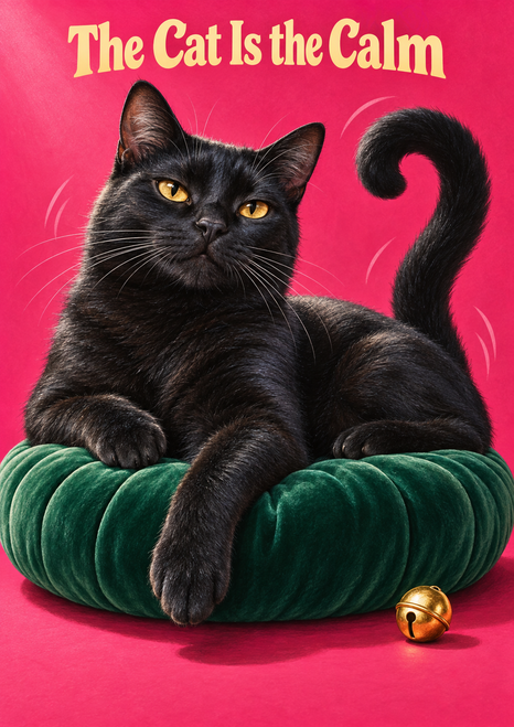 Black cat with amber eyes lounging on a green tufted cushion, with a gold bell beside it and the title “The Cat Is the Calm” above.