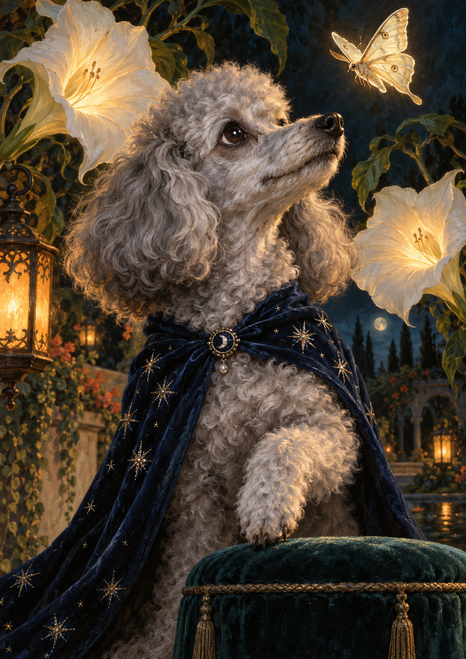 Silver-gray poodle in a star-embroidered navy cape looking up at a pale moth, with white moonflowers and an amber lantern in a dark garden.