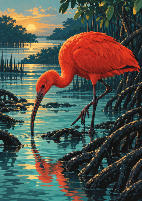 Bright red ibis wading among dark mangrove roots with its curved bill lowered toward teal water at sunset.