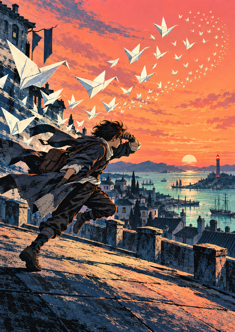 Backpacked courier sprinting along a rooftop above a sunset harbor as folded-paper birds sweep across the sky toward a distant red tower.