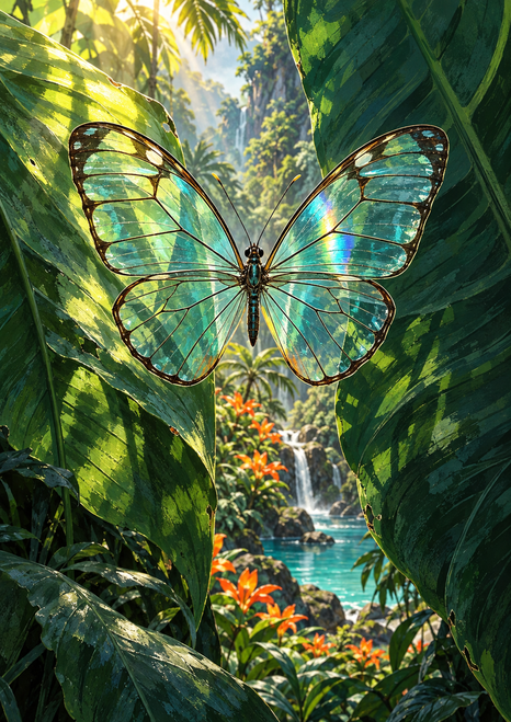 Translucent turquoise butterfly hovering between large green jungle leaves, with orange flowers, a waterfall, and a blue pool behind it.