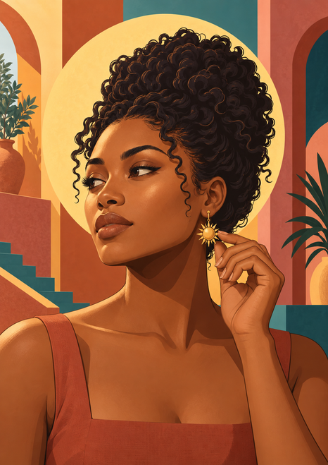 Head-and-shoulders portrait of a woman with sculptural coiled dark hair holding a golden sun-shaped earring against colorful panels.
