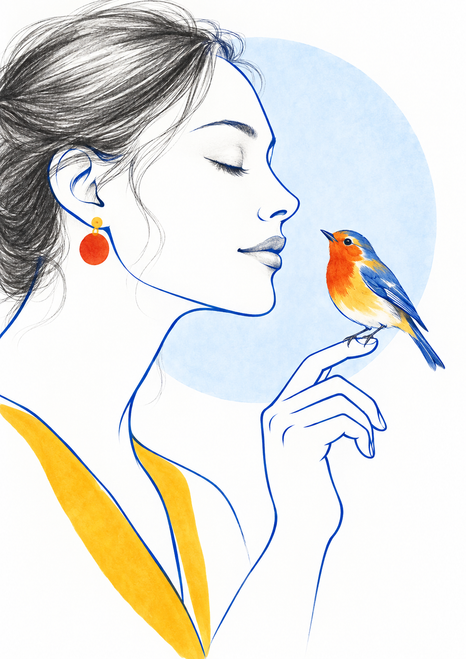 A stylized woman with closed eyes faces an orange-and-blue songbird perched on her raised finger.