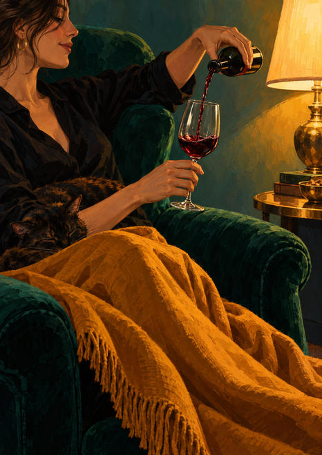 Adult woman pouring red wine into a stemmed glass from a green armchair, with a dark cat, gold blanket, and glowing lamp.