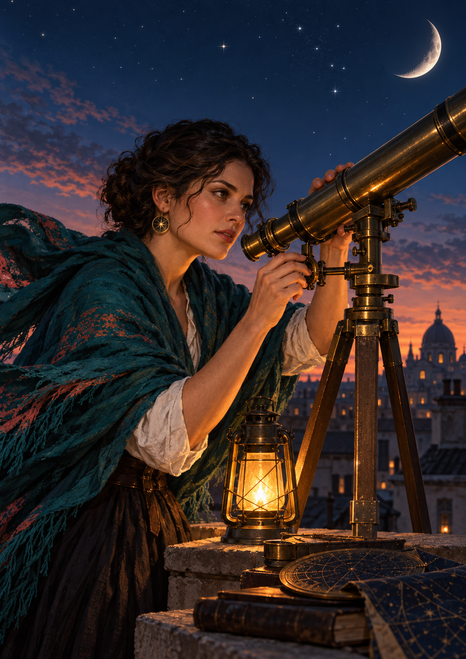 An adult woman adjusts a brass telescope on a rooftop at night, beside a glowing lantern beneath a crescent moon and stars.