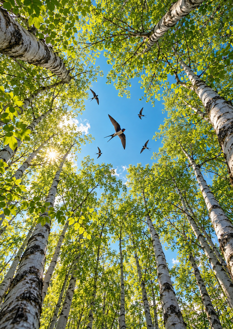 Five dark swallows flying through a blue sky opening framed by sunlit white-barked birch trees and spring-green leaves.