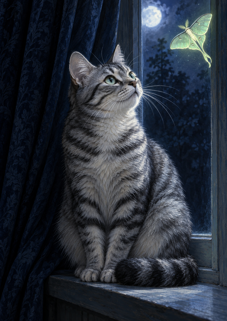Silver-gray tabby cat seated on a dark windowsill, gazing up at a pale green glowing moth near a moonlit window and patterned curtain.