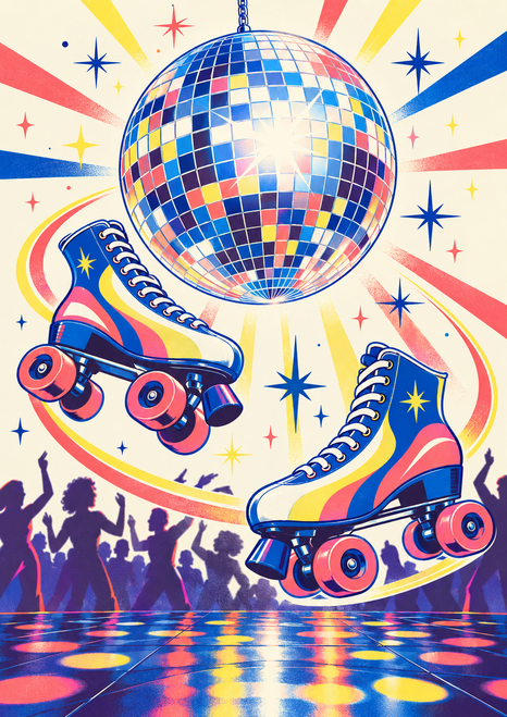 Two blue-and-coral roller skates beneath a mirrored disco ball, surrounded by colored arcs, starbursts, dancing silhouettes, and floor reflections.