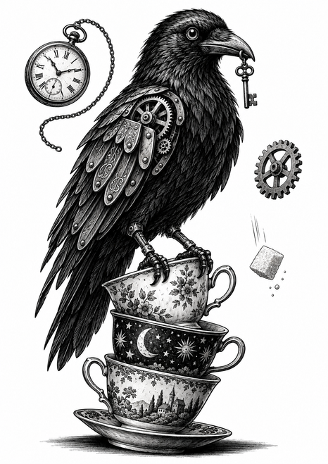 Black mechanical raven holding a key in its beak above three mismatched teacups, with a pocket watch, gear, and falling sugar cube.