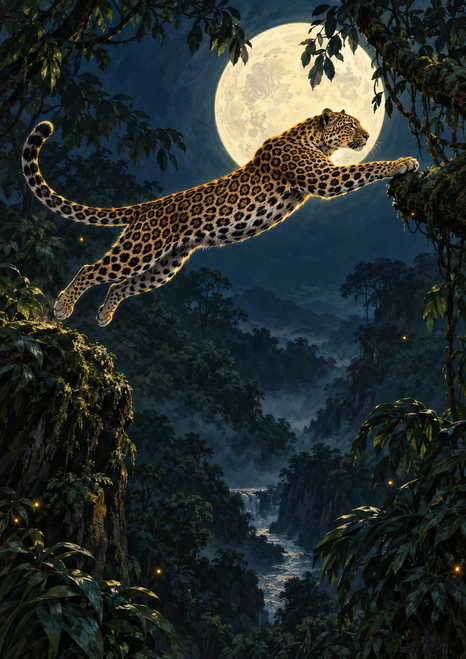 Spotted leopard leaping before a large pale moon amid dark jungle foliage, reaching toward leaves at the upper right.