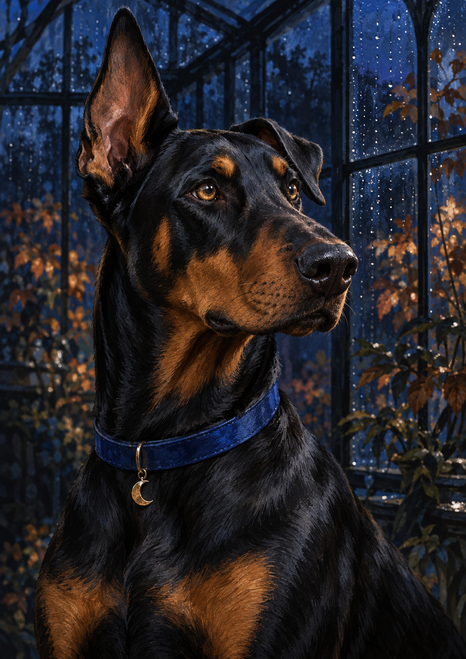 Close portrait of an alert black-and-tan Doberman wearing a blue collar with a crescent charm in front of a rainy greenhouse window.