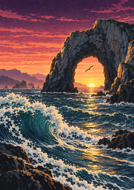 A small bird glides through a dark stone sea arch above a curling foamy wave, with distant headlands under a plum-and-gold sunrise.
