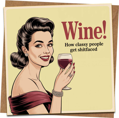 Funny Wine Greeting Card – Retro Lady Humor ‘Wine! How Classy People Get Shitfaced’ – 145mm x 145mm Square – Blank Inside – Birthday Friendship Celebration – Includes Kraft Envelope