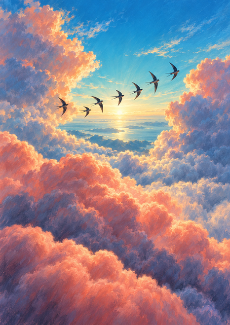 Six dark swallow-like birds fly in a curved line through a bright turquoise opening in coral-pink and violet clouds.