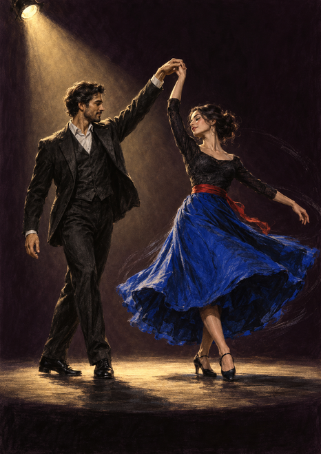 Two formally dressed dancers turn together beneath a spotlight, raising joined hands as a cobalt skirt sweeps outward.