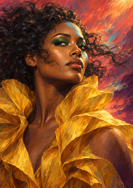 Close portrait of an adult woman with dark wind-swept curls, green eye makeup, and a large saffron-yellow sculptural collar against a coral, orange, and plum background.