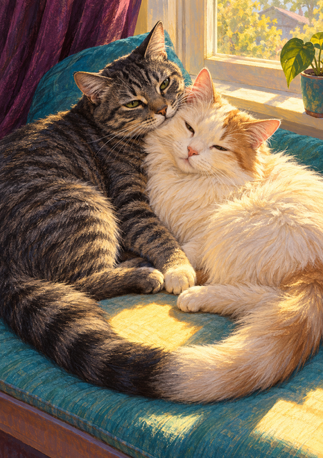 A charcoal tabby and a fluffy cream-and-ginger cat cuddle on a turquoise window seat in warm sunlight.