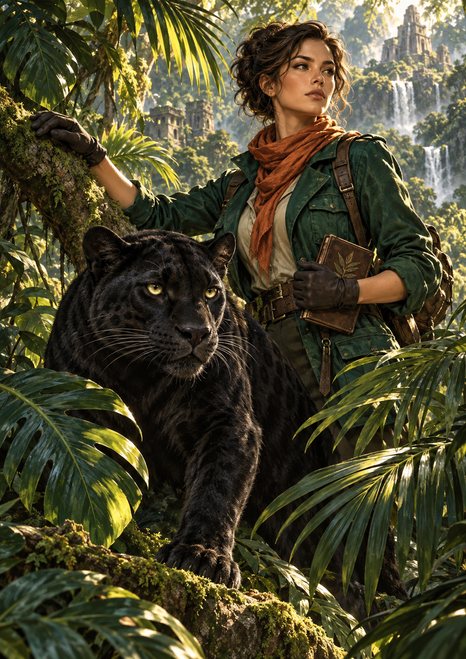 Adult woman in a green field jacket and copper scarf holding a notebook beside a black panther in a leafy jungle with a distant waterfall and ruins.