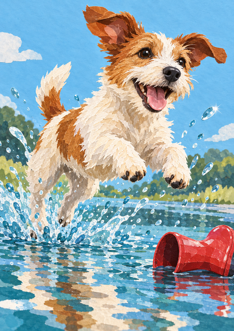 Tan, cream, and russet terrier leaping above a splashing puddle with a red boot on its side at lower right, against blue sky and a distant green shoreline.