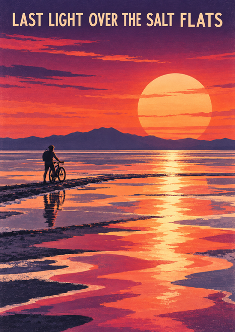 Silhouetted cyclist and bicycle on a narrow track across reflective salt flats beneath a large apricot sunset, with distant indigo mountains.