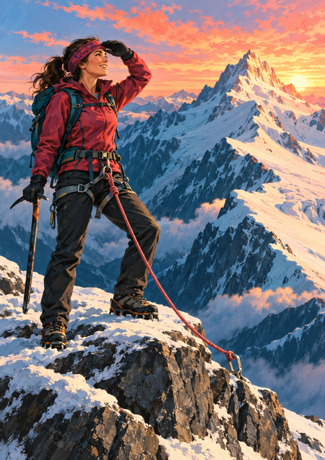 Adult woman climber in red outerwear shading her eyes on a snowy summit ledge, with an ice axe, rope, and coral dawn sky.